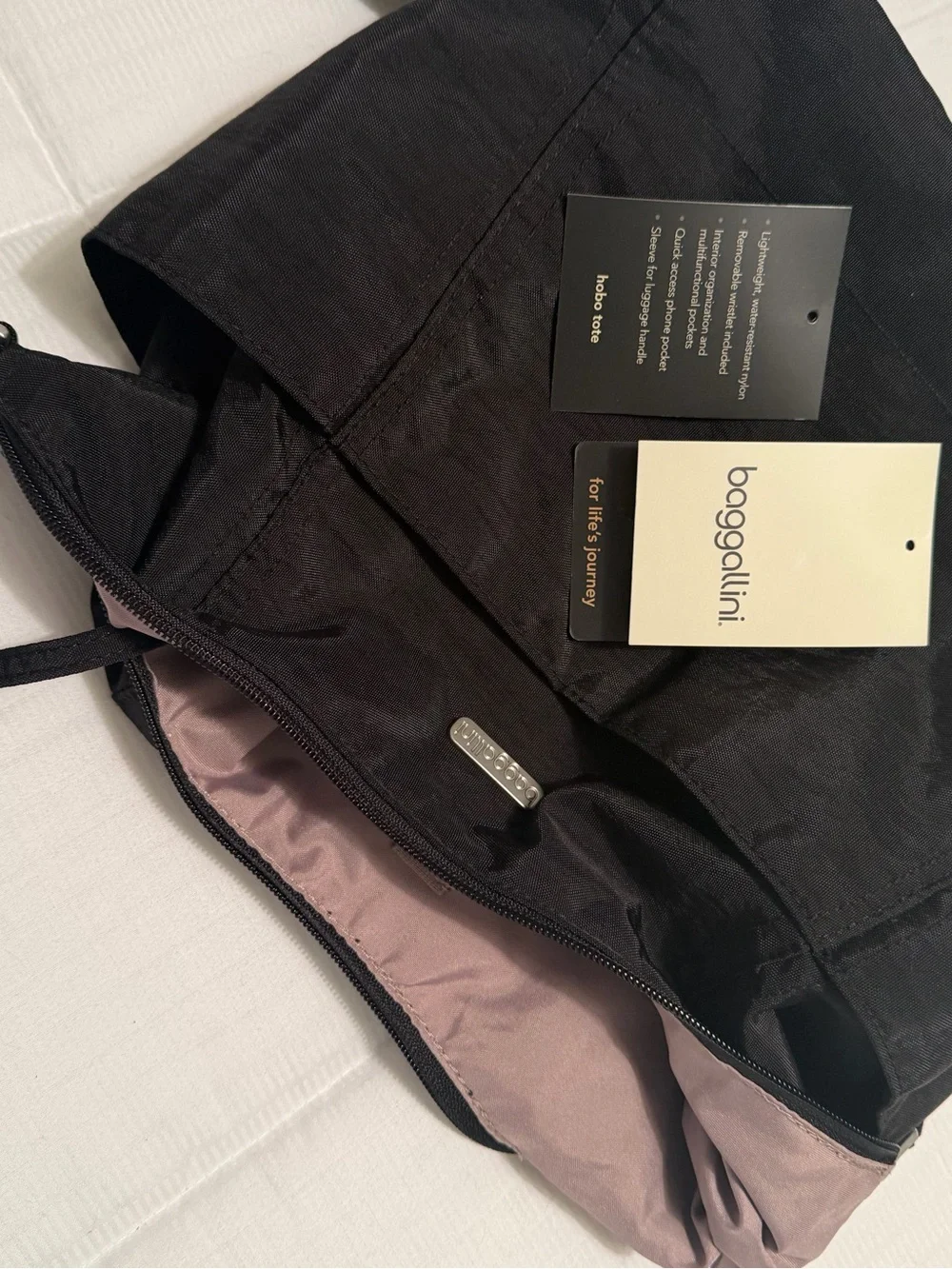 Baggallini Black/Tan Nylon Hobo Tote Bag with Adjustable Strap & Wristlet - NWT